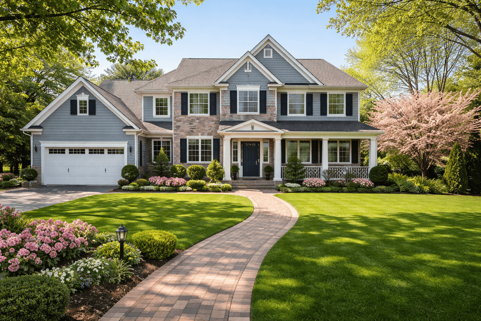 Beautiful front yard with flowers and landscaping by AP Mazzilli in Westfield NJ